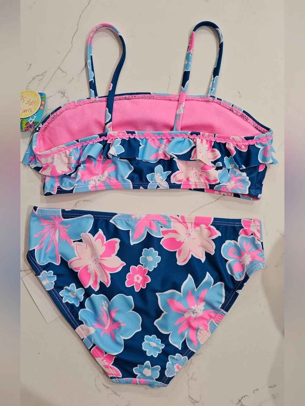 Girls' Navy Tropocal Floral Two-Piece Swim Set Bikini W/Pink Accents Size 12 NWT
